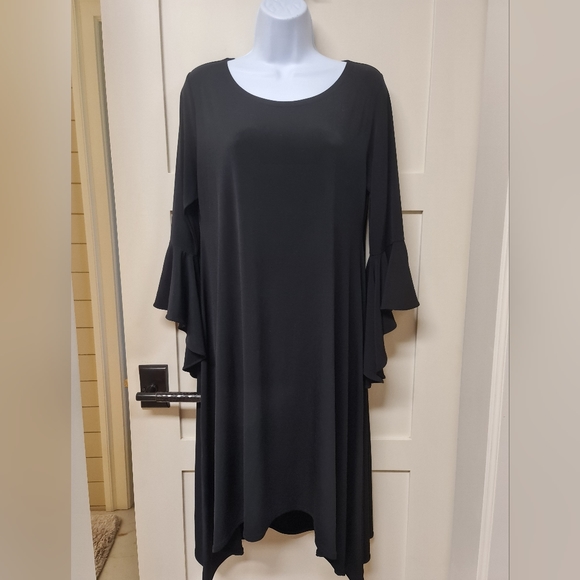 Alfani Dress High Low Black Stretch Long Cascade Ruffle Sleeve Size 12 - Picture 2 of 5